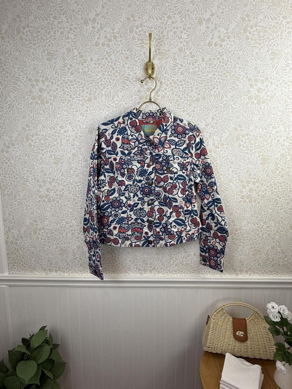 BODEN Floral Strawberry Print Denim Cotton Trucker Jacket - Size - 8
